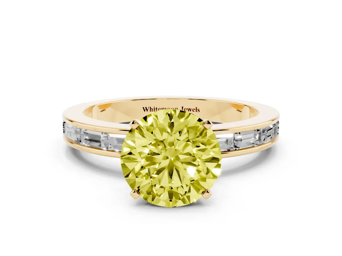 Fancy Yellow Round Cut Solitaire Diamond Ring with Channel-Set Baguette Band and Four-Prong Setting Yellow gold