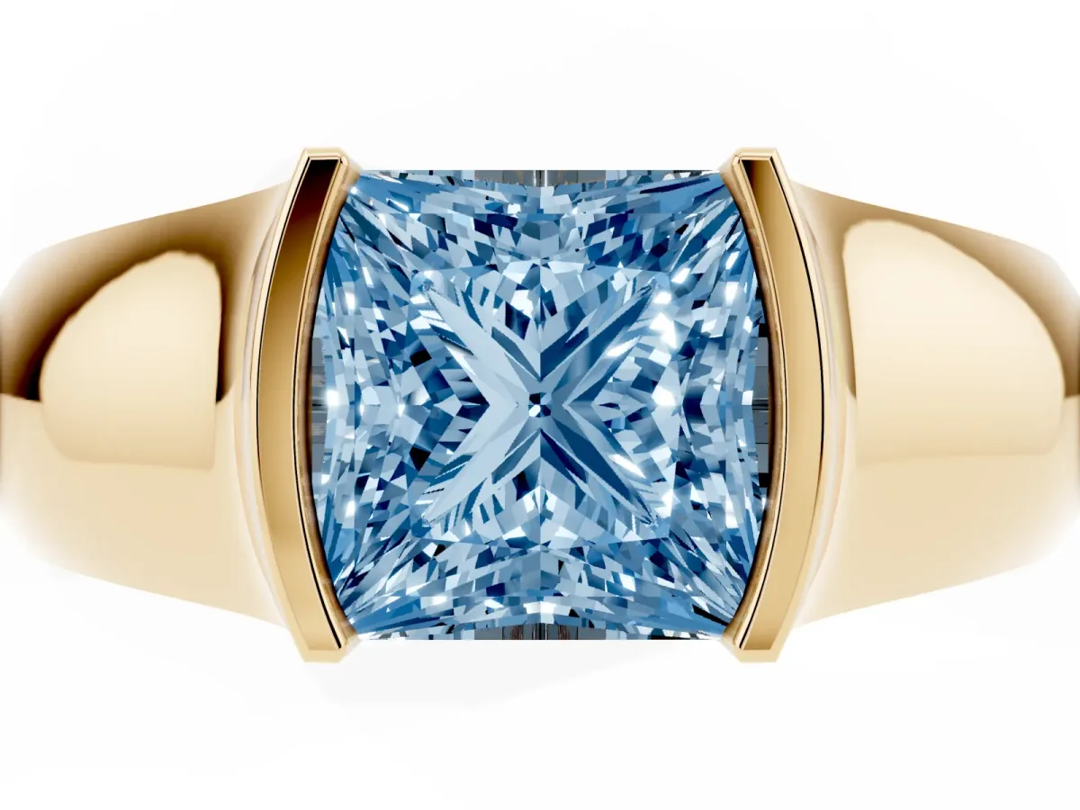 Fancy Blue Princess Cut Solitaire Bezel Set Diamond Ring with Wide Band Yellow gold