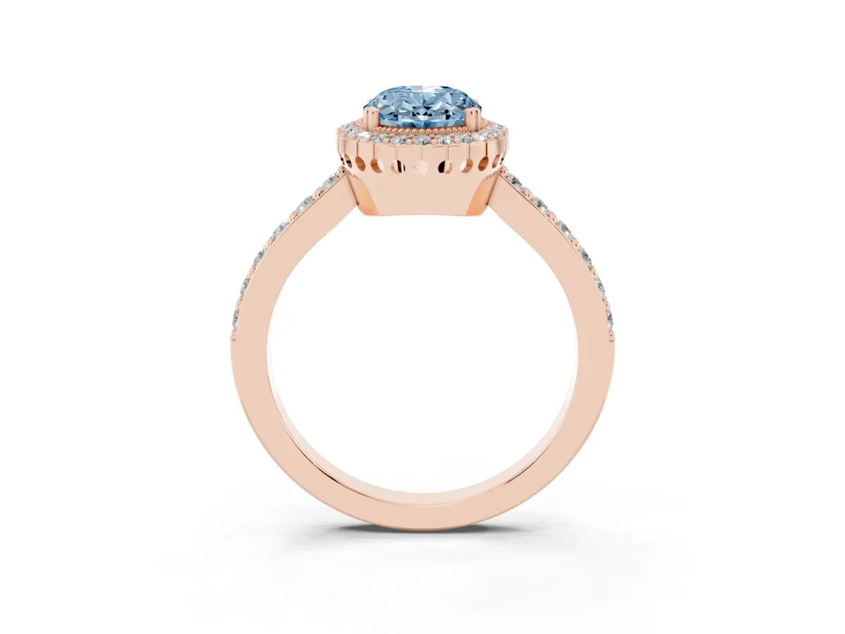 Fancy Blue Oval Cut Cut Diamond Halo Engagement Ring with Milgrain Detail and Pavé Band Rose gold