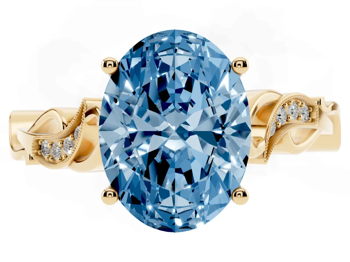 Fancy Blue Oval Cut Solitaire Vine Band with Milgrain Prong Setting Yellow gold