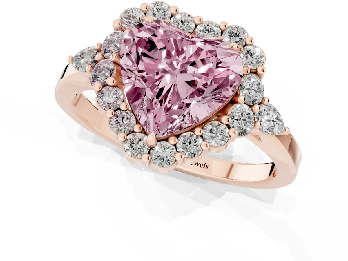 Fancy Pink Heart Cut Diamond Halo Ring with Pear Side Stones and Prong Setting Rose gold
