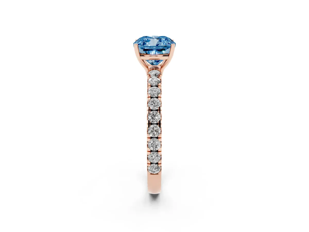 Fancy Blue Cushion Cut Diamond Pavé Solitaire Engagement Ring with Four-Prong Setting Rose gold