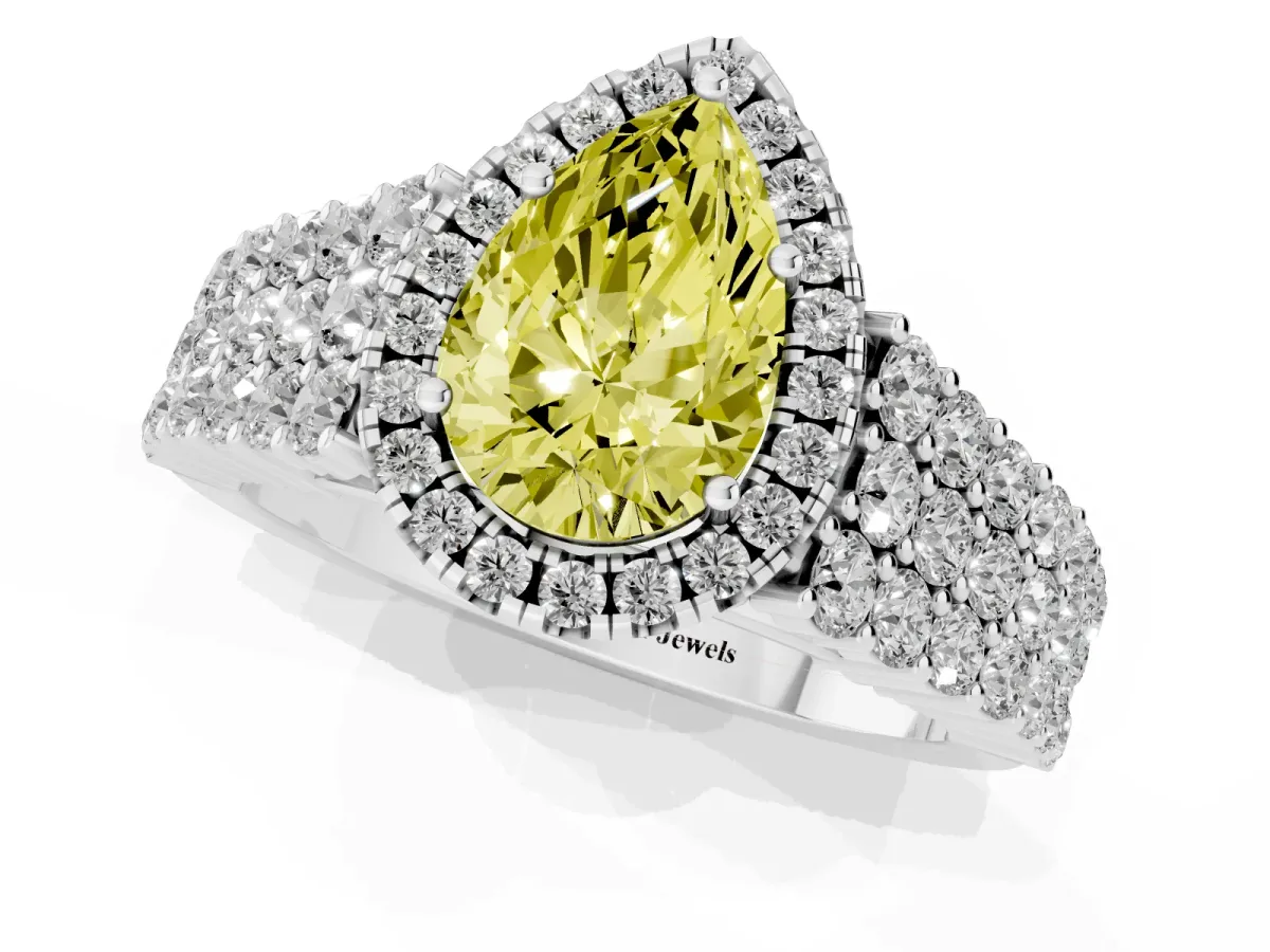 Fancy Yellow Pear Cut Diamond Halo Engagement Ring with Triple Row Round Pavé Band and Prong Setting Silver