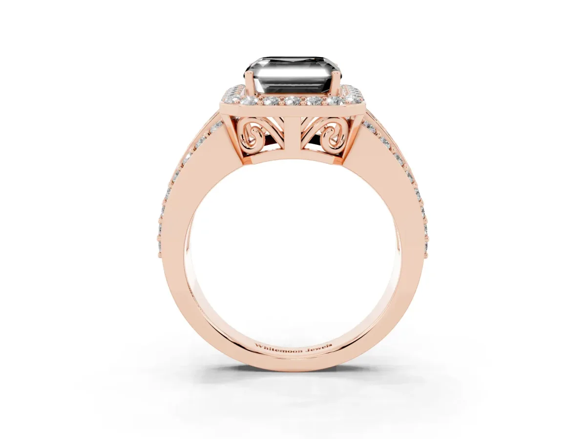 Fancy Black Asscher Cut Halo Diamond Ring with Round Split Shank and Prong Setting Rose gold