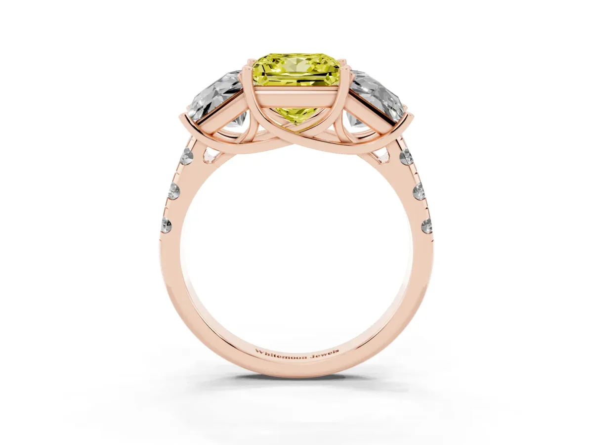 Fancy Yellow Three-Stone Princess Cut Diamond Pavé Band with Prong Setting Rose gold