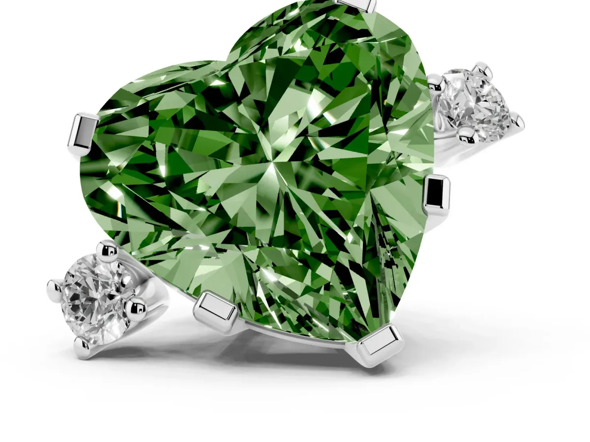 Fancy Green Heart Cut Cut Three-Stone Solitaire Ring with Round Accent Diamonds and Four-Prong Setting White gold