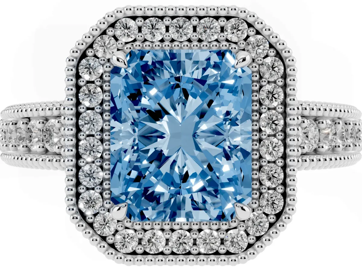 Fancy Blue Radiant Cut Cut Halo Diamond Ring with Pavé Band and Four-Prong Setting Platinum
