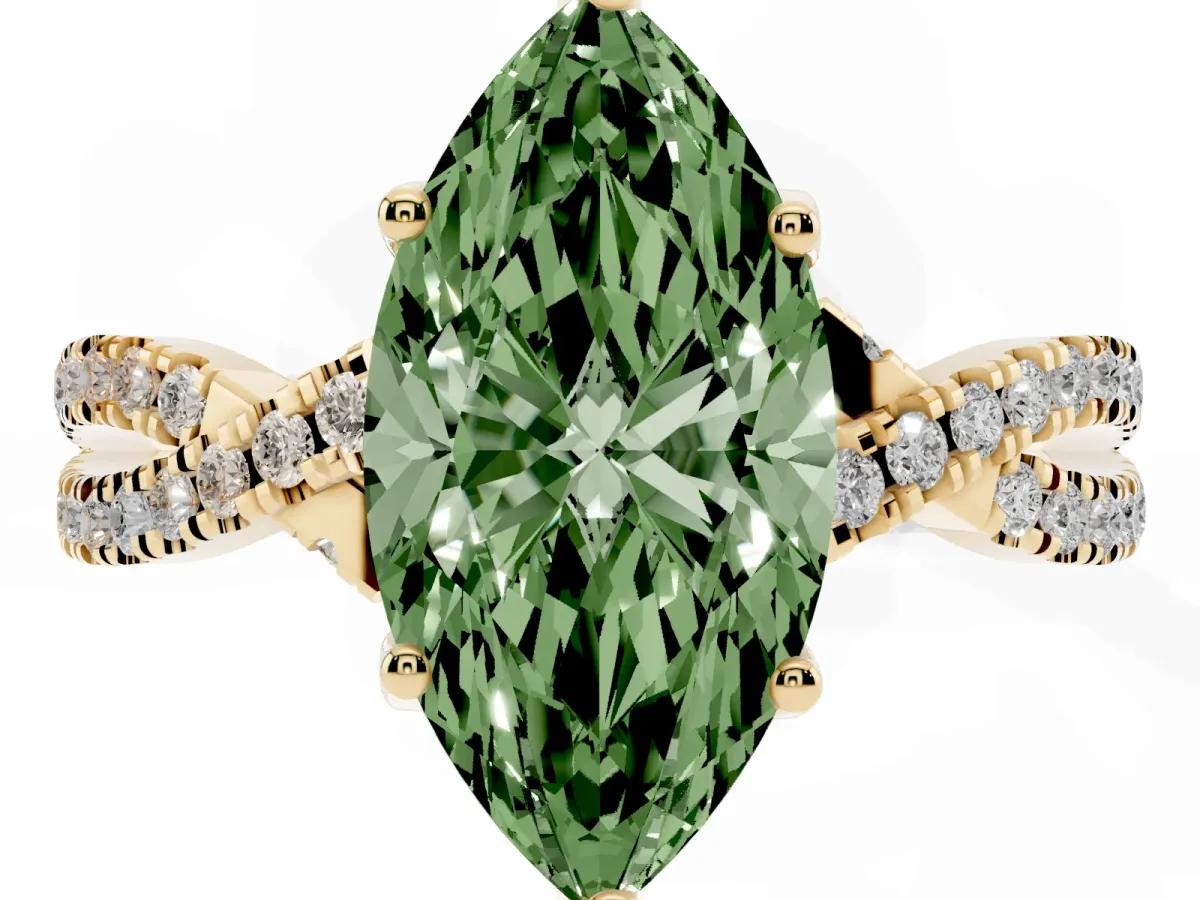 Fancy Green Marquise Cut Solitaire Twist Pave Diamond Engagement Ring with Prong Setting Yellow gold