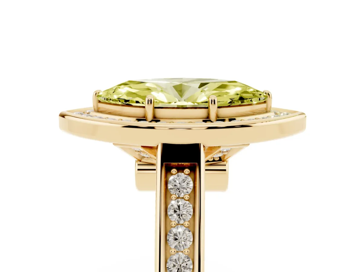 Fancy Yellow Marquise Cut Halo Solitaire Diamond Ring with Pave Band and Bezel Setting Yellow gold