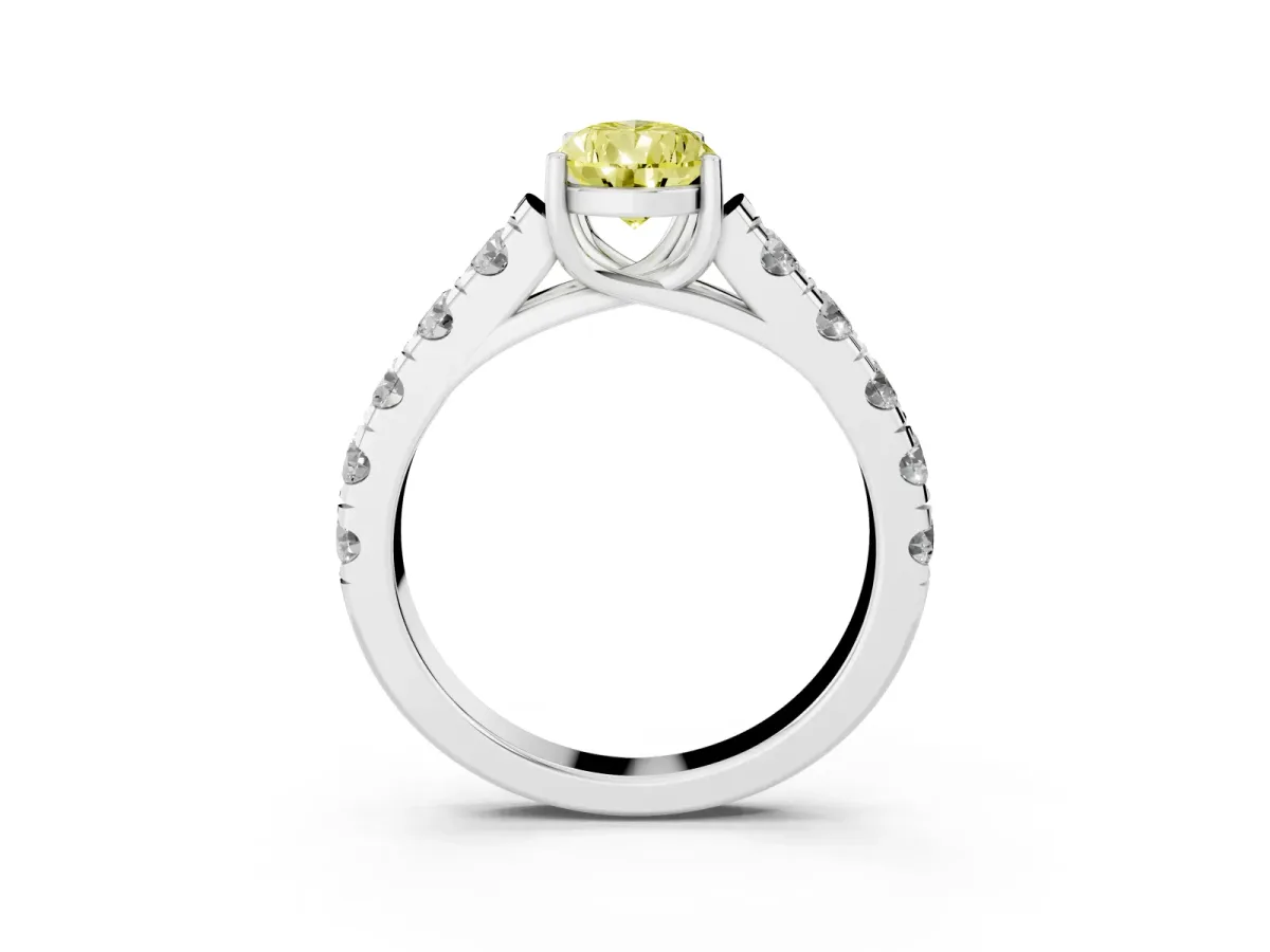 Fancy Yellow Pear Cut Cut Diamond Solitaire Ring with Micro Pave Band and Prong Setting Silver