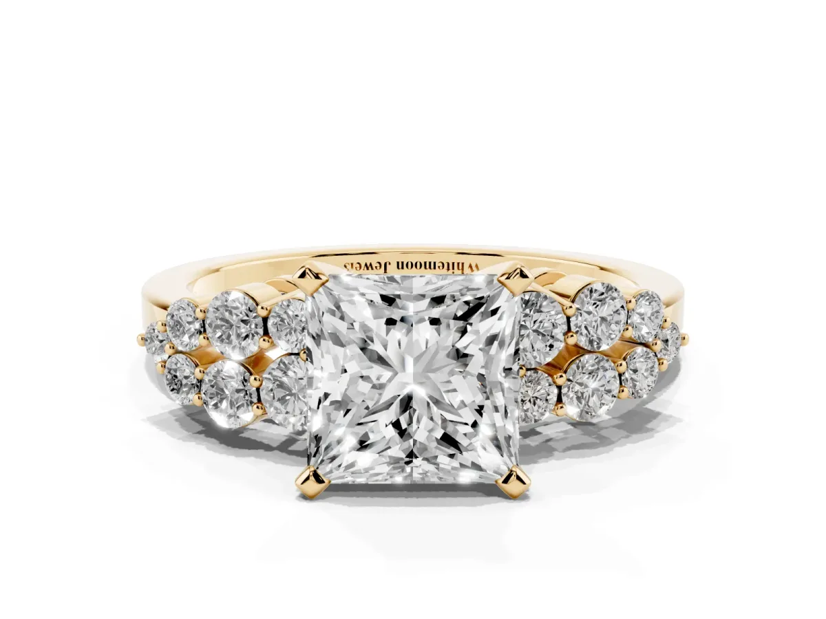 Princess Cut Cluster Diamond Engagement Ring with Pavé Band and Four-Prong Setting Yellow gold