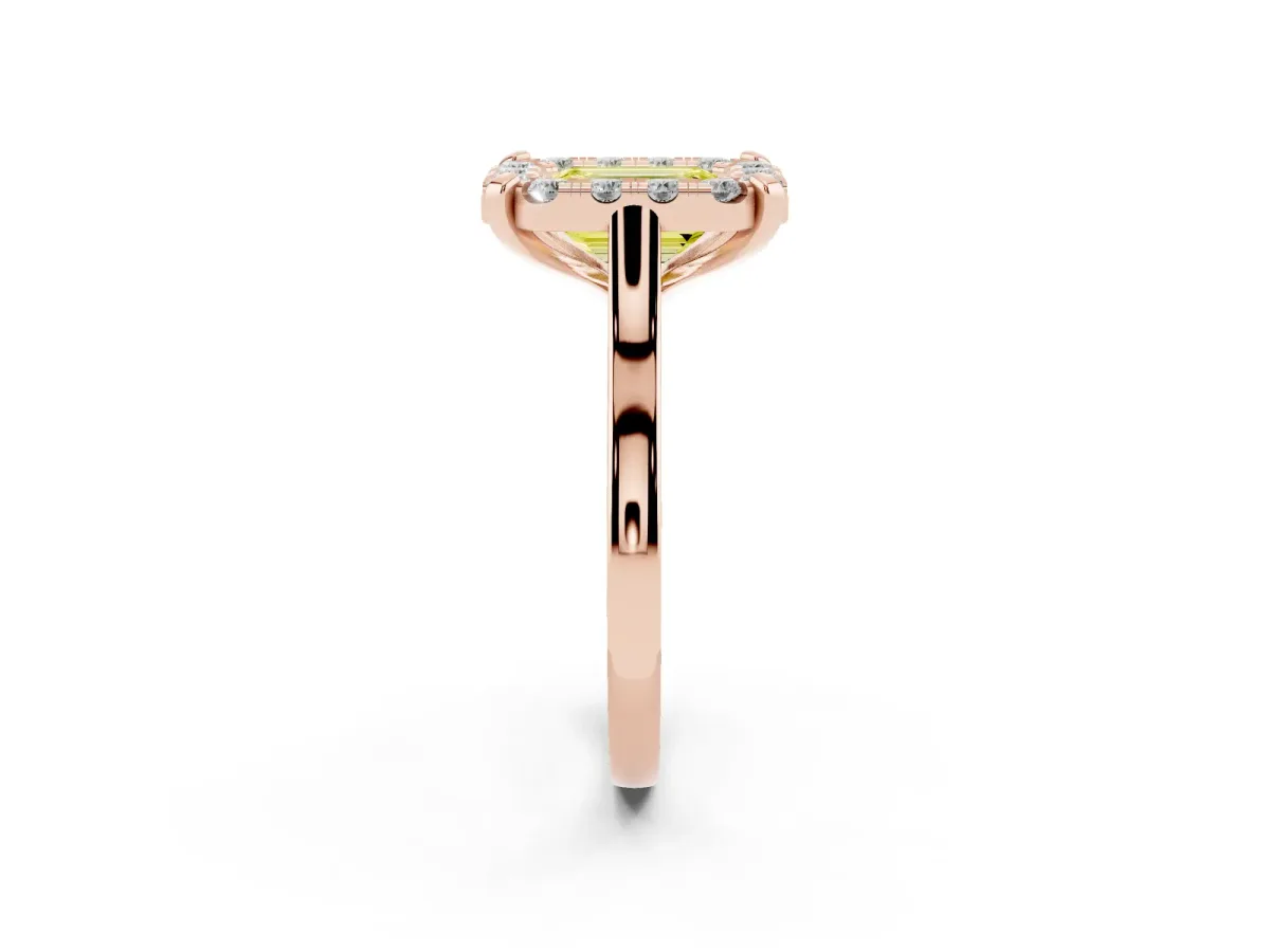 Fancy Yellow Emerald Cut Diamond Cluster Halo Solitaire with Four-Prong Setting Rose gold