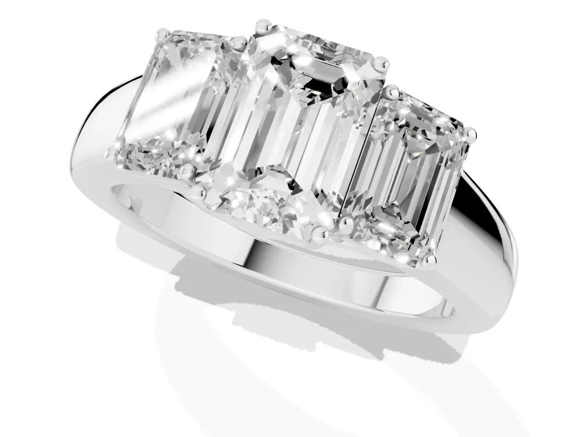 Three-Stone Emerald Cut Cut Diamond Ring with Prong Setting and Classic Band Silver