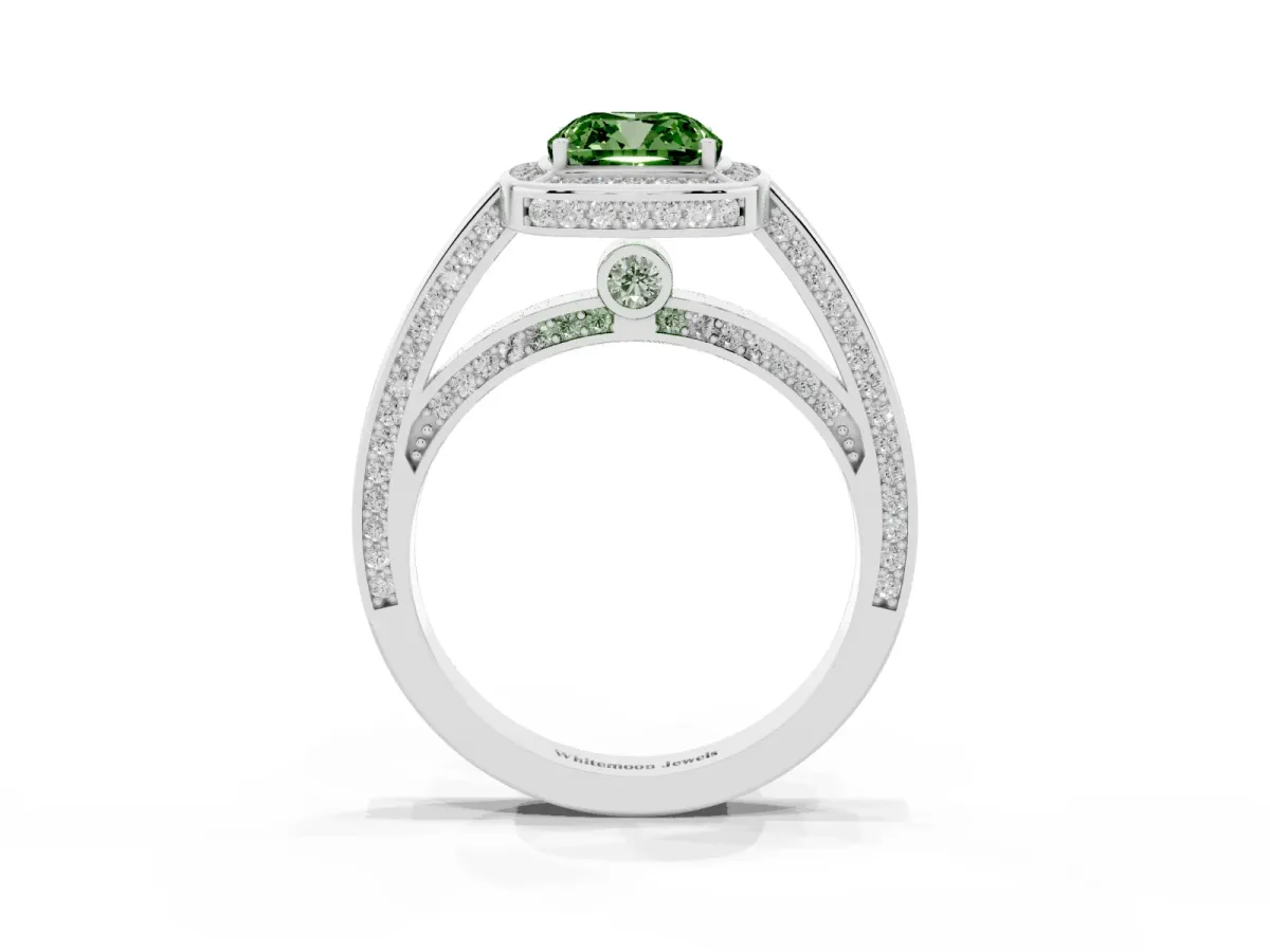 Fancy Green Cushion Cut Cut Halo Pave Split Shank Prong Setting Ring Silver