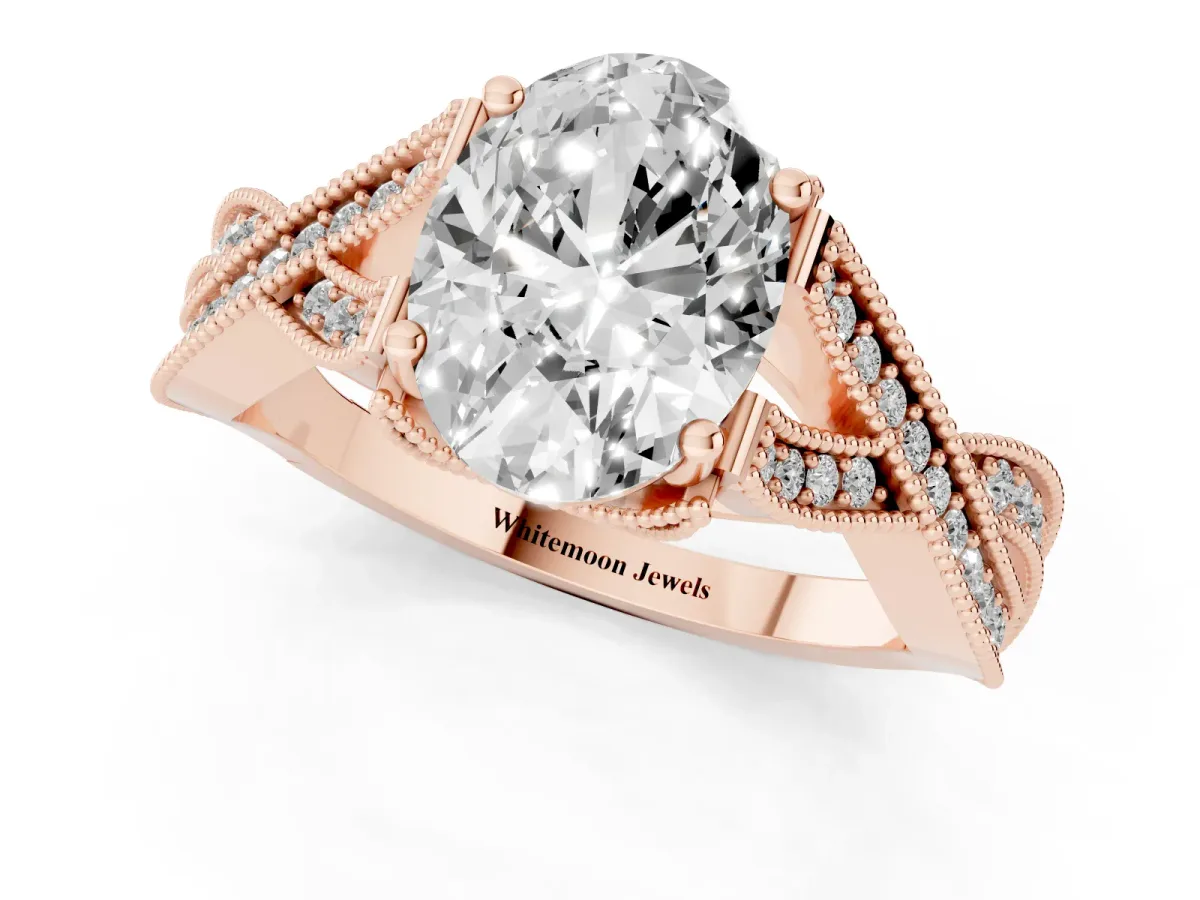 Oval Cut Cut Diamond Twisted Band with Milgrain Pave Setting and Four-Prong Setting Rose gold