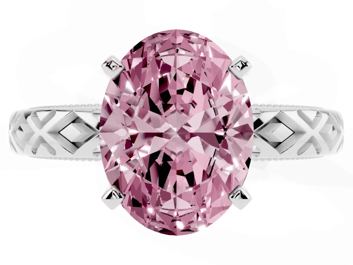 Fancy Pink Oval Cut Solitaire Diamond Ring with Milgrain and Black Enamel X Pattern Band Silver