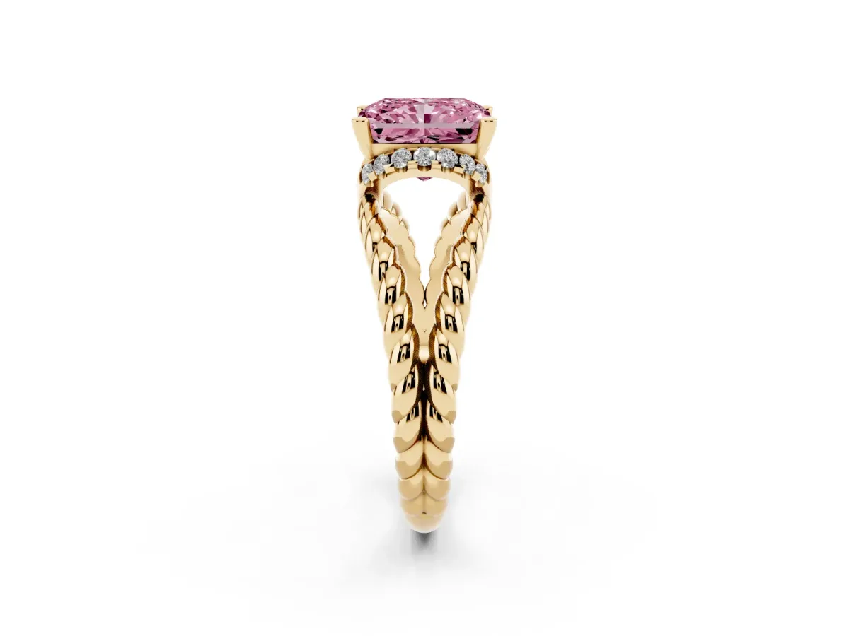 Fancy Pink Radiant Cut Halo Twisted Band Four-Prong Ring Yellow gold
