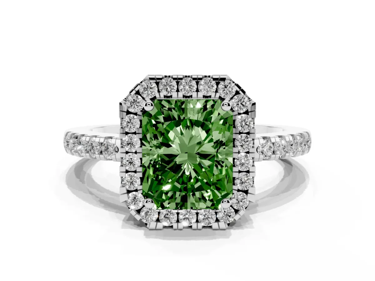 Fancy Green Radiant Cut Halo Diamond Engagement Ring with Pavé Band and Four-Prong Setting Silver