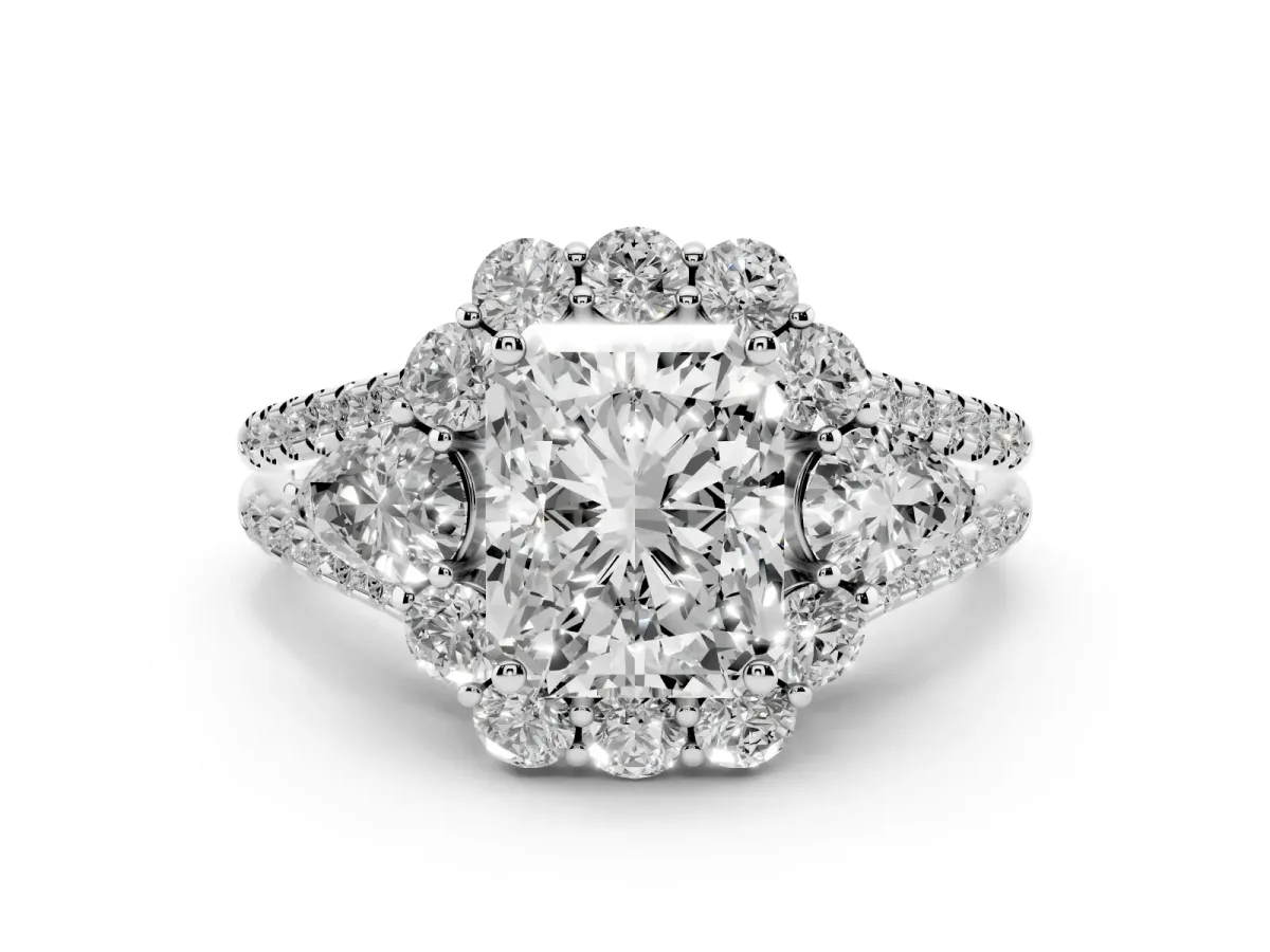 Radiant Cut Halo Split Shank Diamond Engagement Ring with Prong Setting Silver