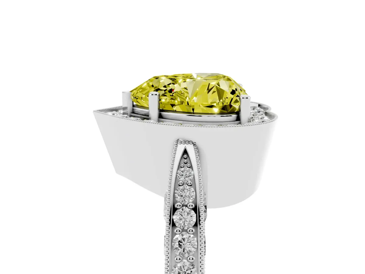 Fancy Yellow Heart Cut Halo Diamond Engagement Ring with Split Shank Band and Four-Prong Setting Silver