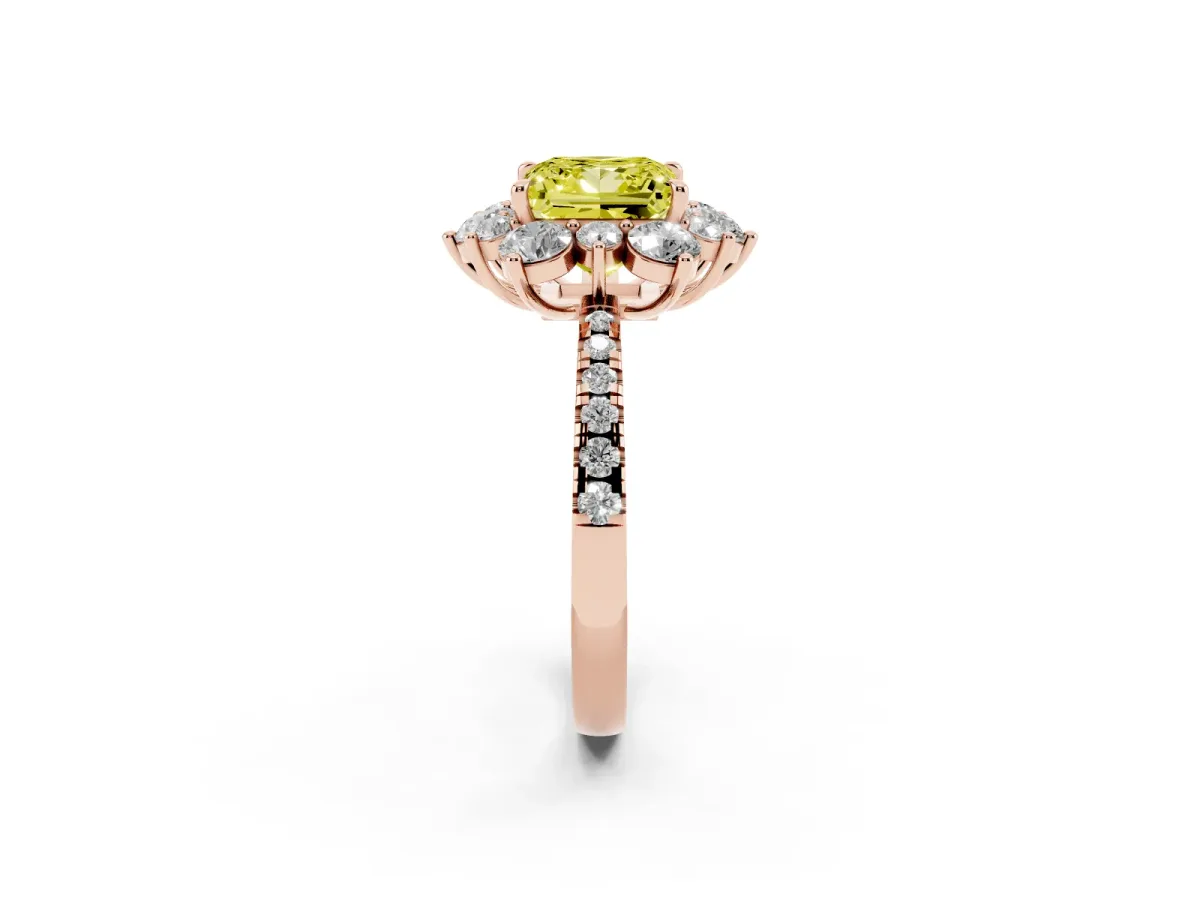 Fancy Yellow Princess Cut Diamond Floral Halo Ring with Round Pavé Band and Prong Setting Rose gold