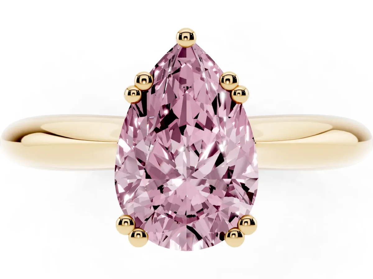 Fancy Pink Pear Cut Cut Solitaire Engagement Ring with Tapered Band and Four-Prong Setting Yellow gold