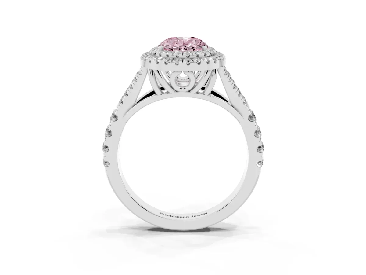 Fancy Pink Oval Cut Cut Double Halo Split Shank Diamond Ring with Prong Setting White gold