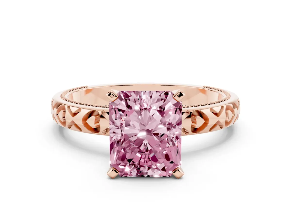Fancy Pink Radiant Cut Solitaire Diamond Engagement Ring with XO Engraved Band and Four-Prong Setting Rose gold