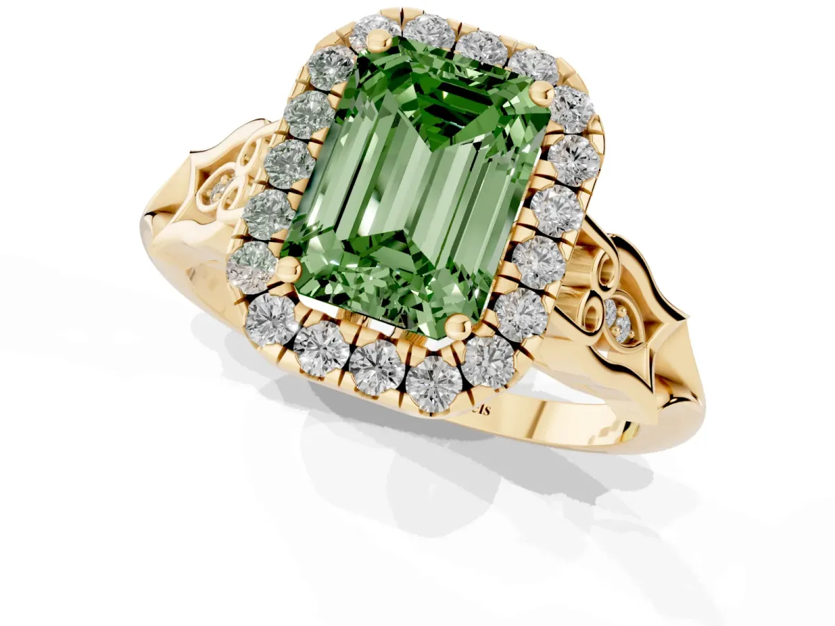 Fancy Green Emerald Cut Halo Diamond Engagement Ring with Filigree Band and Four-Prong Setting Yellow gold