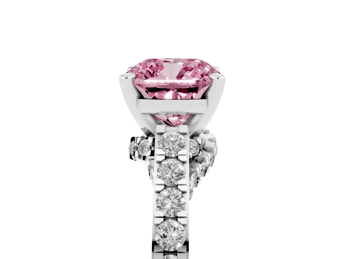 Fancy Pink Cushion Cut Diamond Solitaire Ring with Crossover Gallery and Round Pavé Band White gold