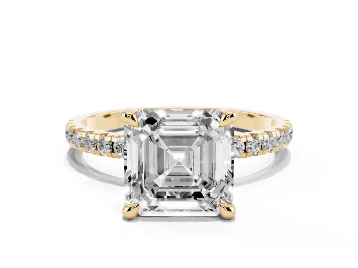 Asscher Cut Diamond Brilliant Solitaire Ring with Pavé Band and Four-Prong Setting Yellow gold