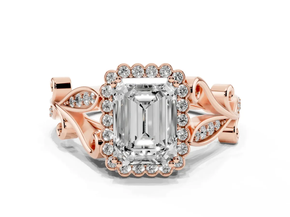 Emerald Cut Diamond Halo Ring with Vintage Split Shank and Four-Prong Setting Rose gold