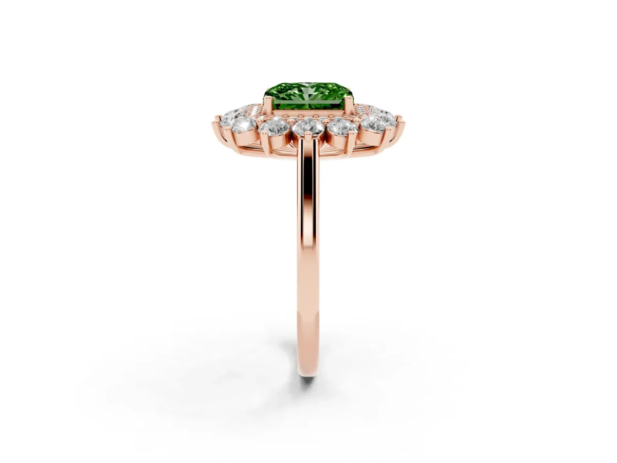 Fancy Green Radiant Cut Diamond Floral Double Halo Engagement Ring with Prong Setting Rose gold
