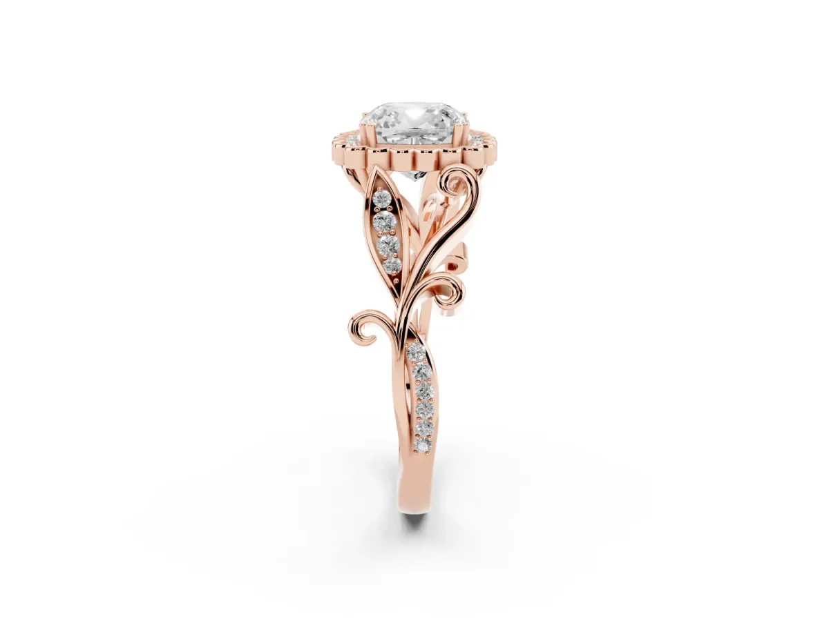 Cushion Cut Diamond Halo Ring with Vintage Split Shank and Four-Prong Setting Rose gold