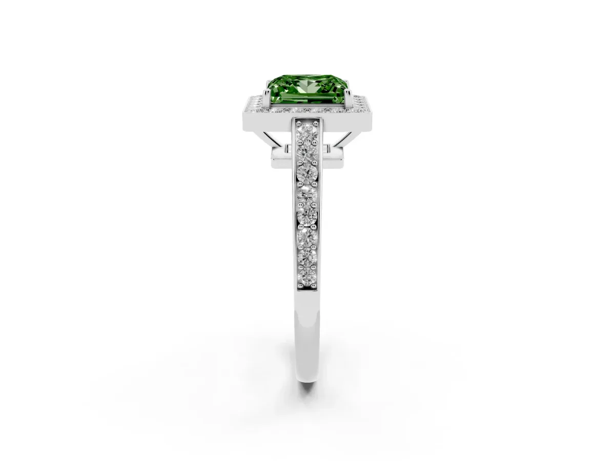 Fancy Green Princess Cut Halo Pavé Diamond Engagement Ring with Bezel Setting Silver