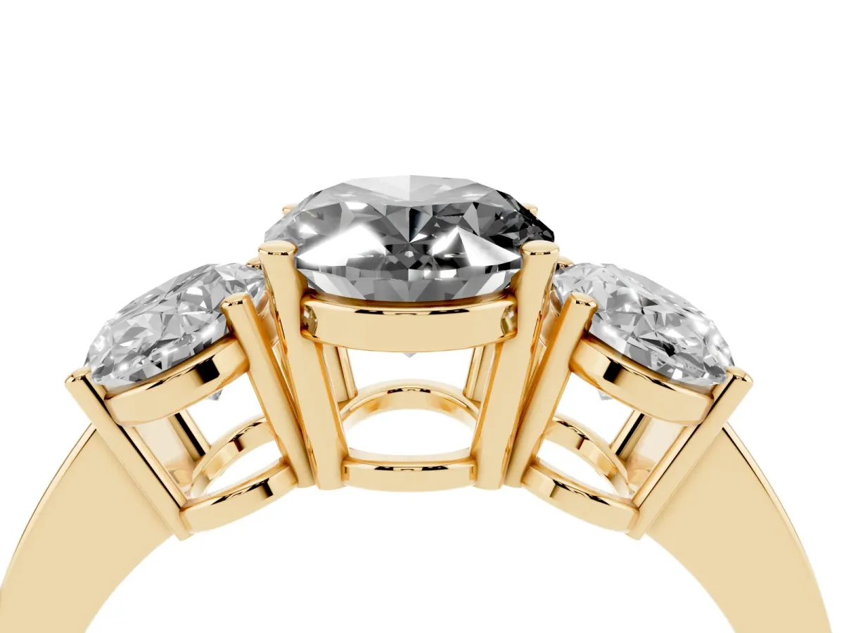 Fancy Black Three-Stone Oval Cut Cut Diamond Engagement Ring with Flat Band and Four-Prong Setting Yellow gold