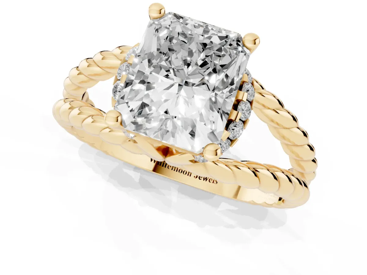 Radiant Cut Halo Twisted Band Four-Prong Ring Yellow gold
