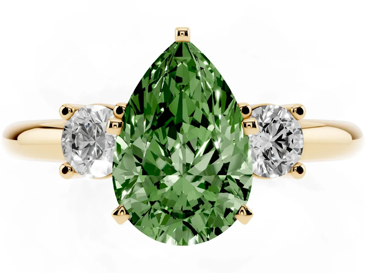 Fancy Green Three-Stone Pear Cut Cut Diamond Solitaire with Prong Setting and Classic Band Yellow gold