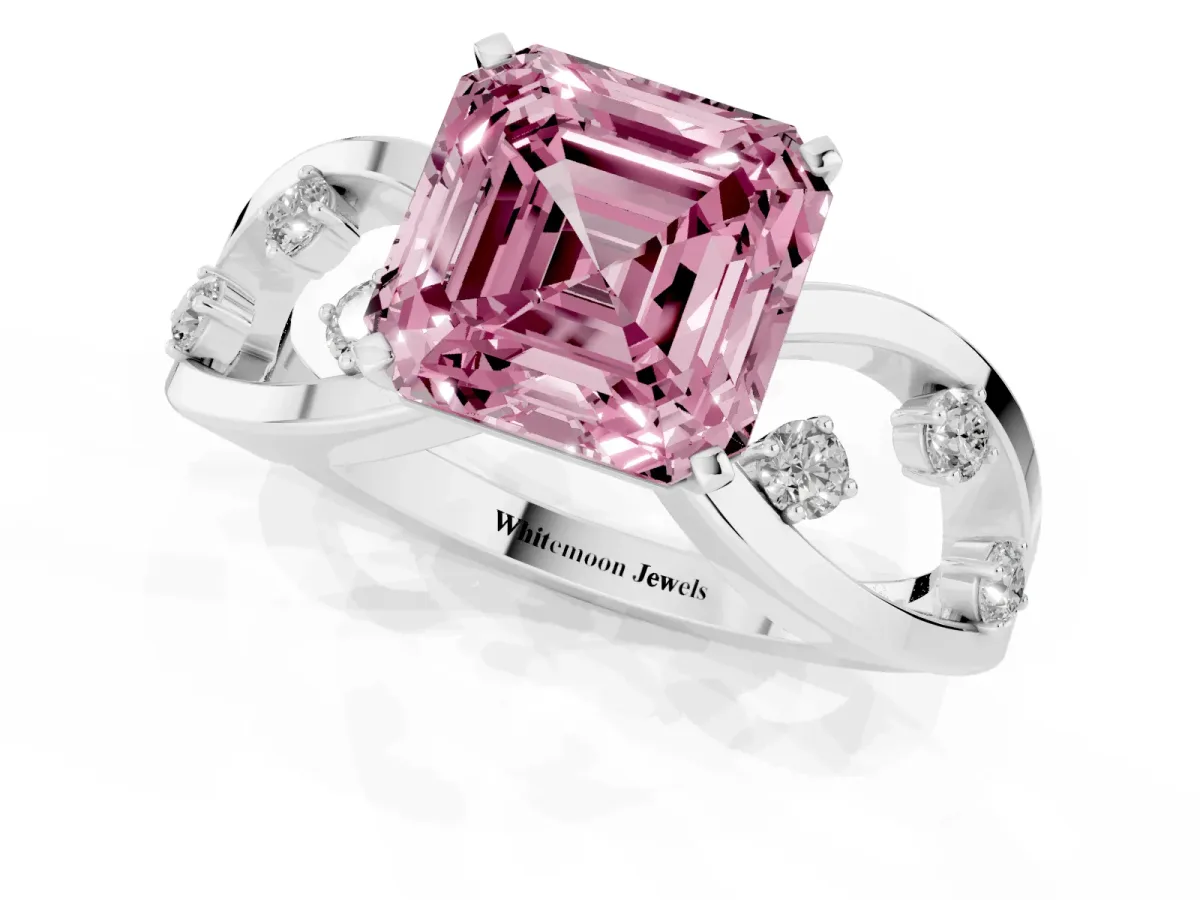 Fancy Pink Asscher Cut Cut Solitaire Diamond with Side Stones on Criss-Cross Band and Four-Prong Setting Platinum