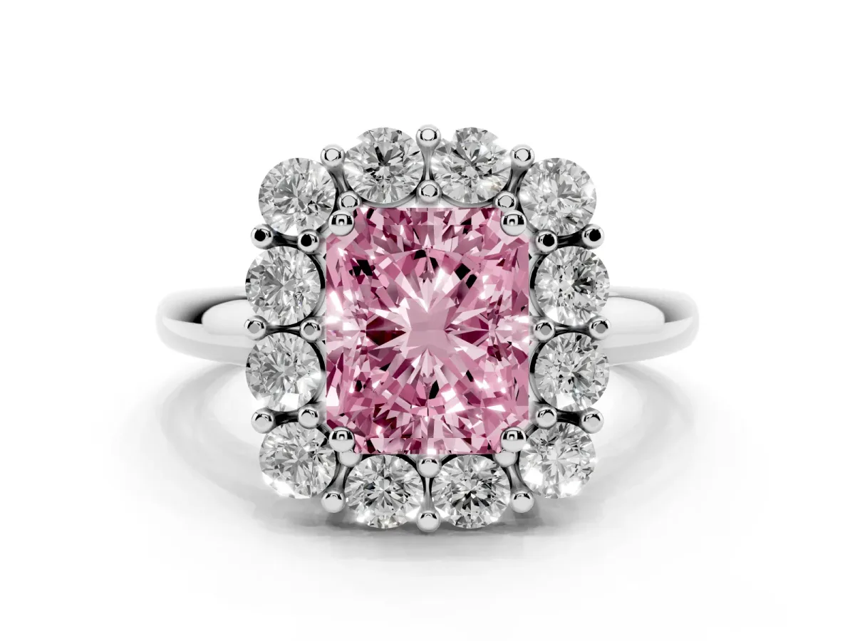 Fancy Pink Radiant Cut Halo Cluster Diamond Engagement Ring with Prong Setting and Polished Band Platinum