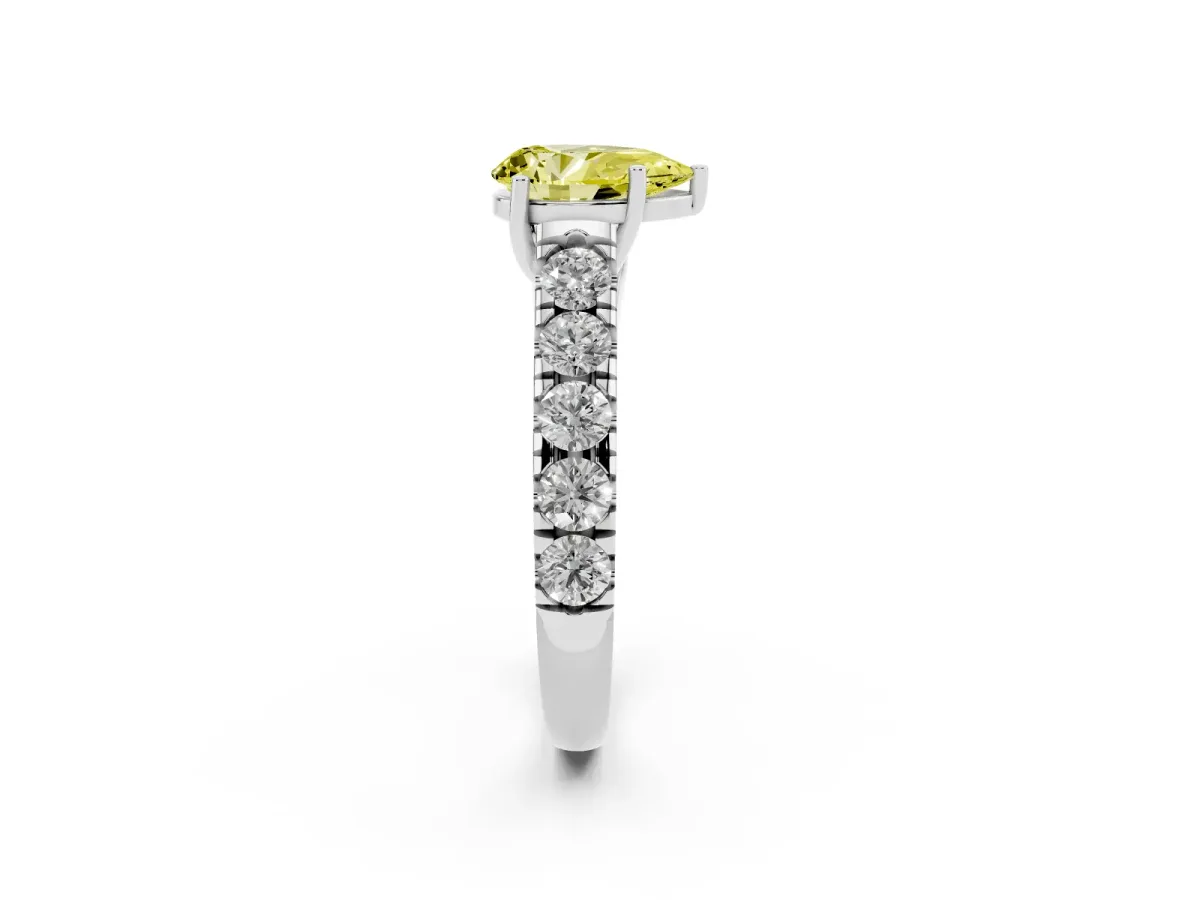 Fancy Yellow Pear Cut Cut Diamond Solitaire Ring with Micro Pave Band and Prong Setting Silver