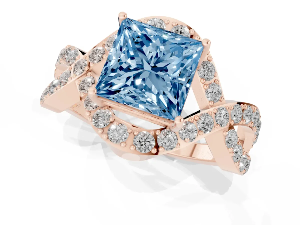 Fancy Blue Princess Cut Solitaire Twist Band Pavé Diamond Engagement Ring Rose gold