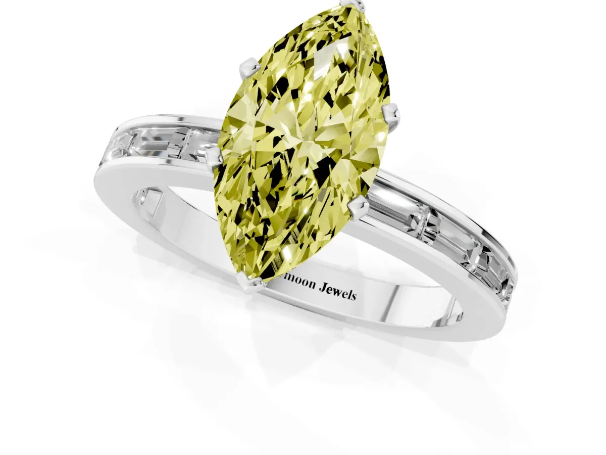Fancy Yellow Marquise Cut Solitaire Diamond Ring with Channel-Set Baguette Band and Four-Prong Setting Silver