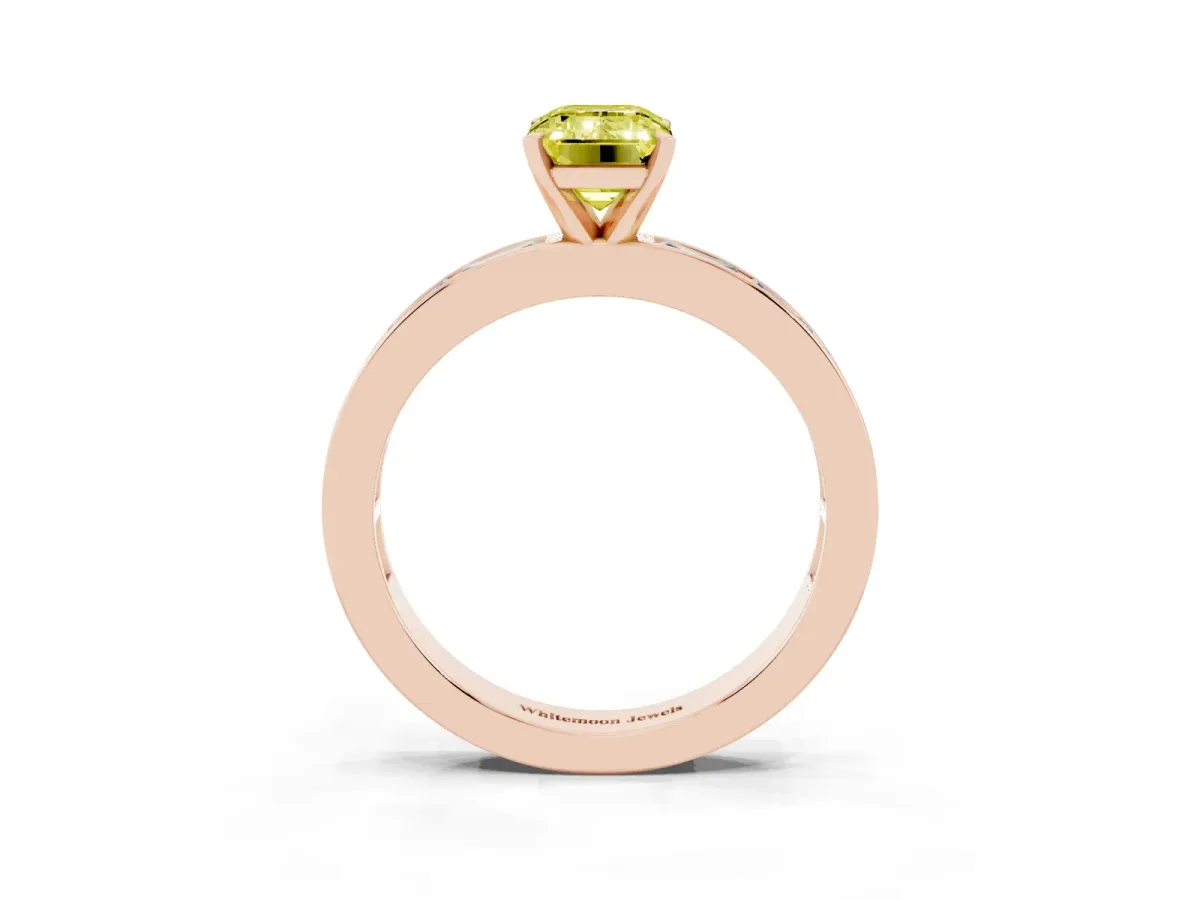 Fancy Yellow Emerald Cut Solitaire Diamond Ring with Channel-Set Baguette Band and Four-Prong Setting Rose gold