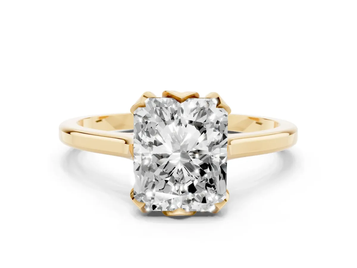 Radiant Cut Diamond Solitaire Ring with Flower Prong Setting and Classic Band Yellow gold