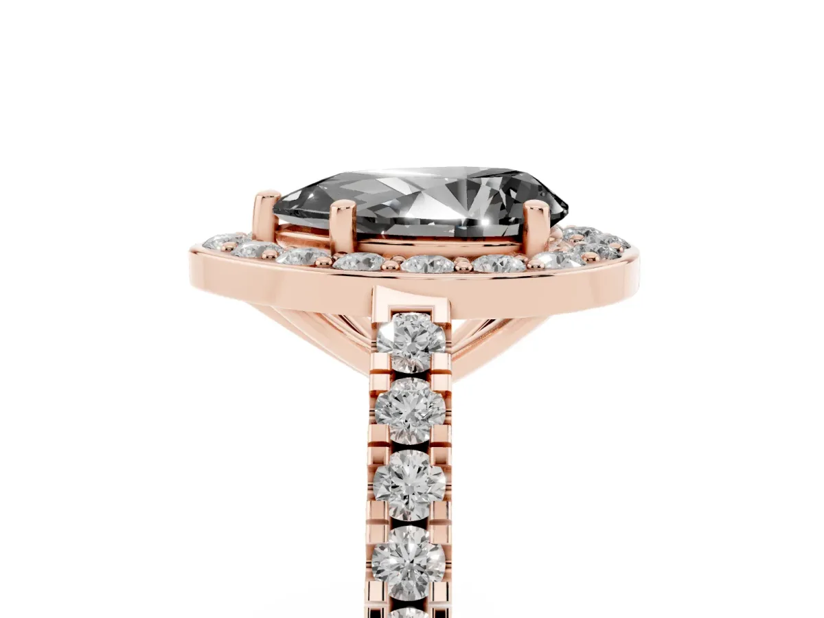 Fancy Black Pear Cut Diamond Halo Ring with Round Pavé Split Shank and Prong Setting Rose gold