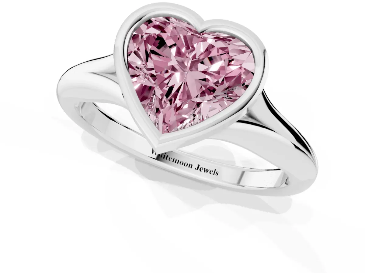 Fancy Pink Bezel Set Heart Cut Solitaire Diamond Ring with Smooth Band Platinum