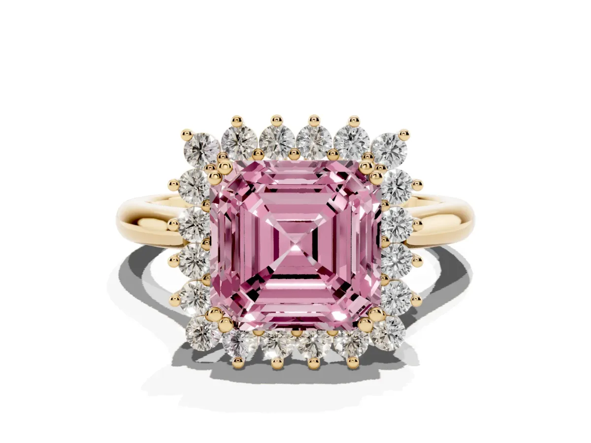 Fancy Pink Asscher Cut Cut Diamond Halo Ring with Solitaire Band and Prong Setting Yellow gold