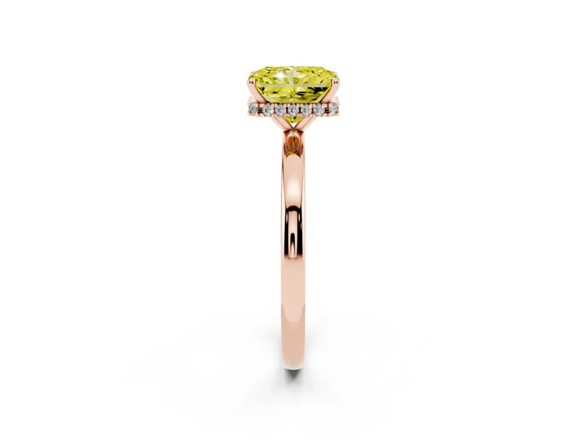 Fancy Yellow Radiant Cut Solitaire Engagement Ring with Cathedral Band and Four-Prong Setting Rose gold