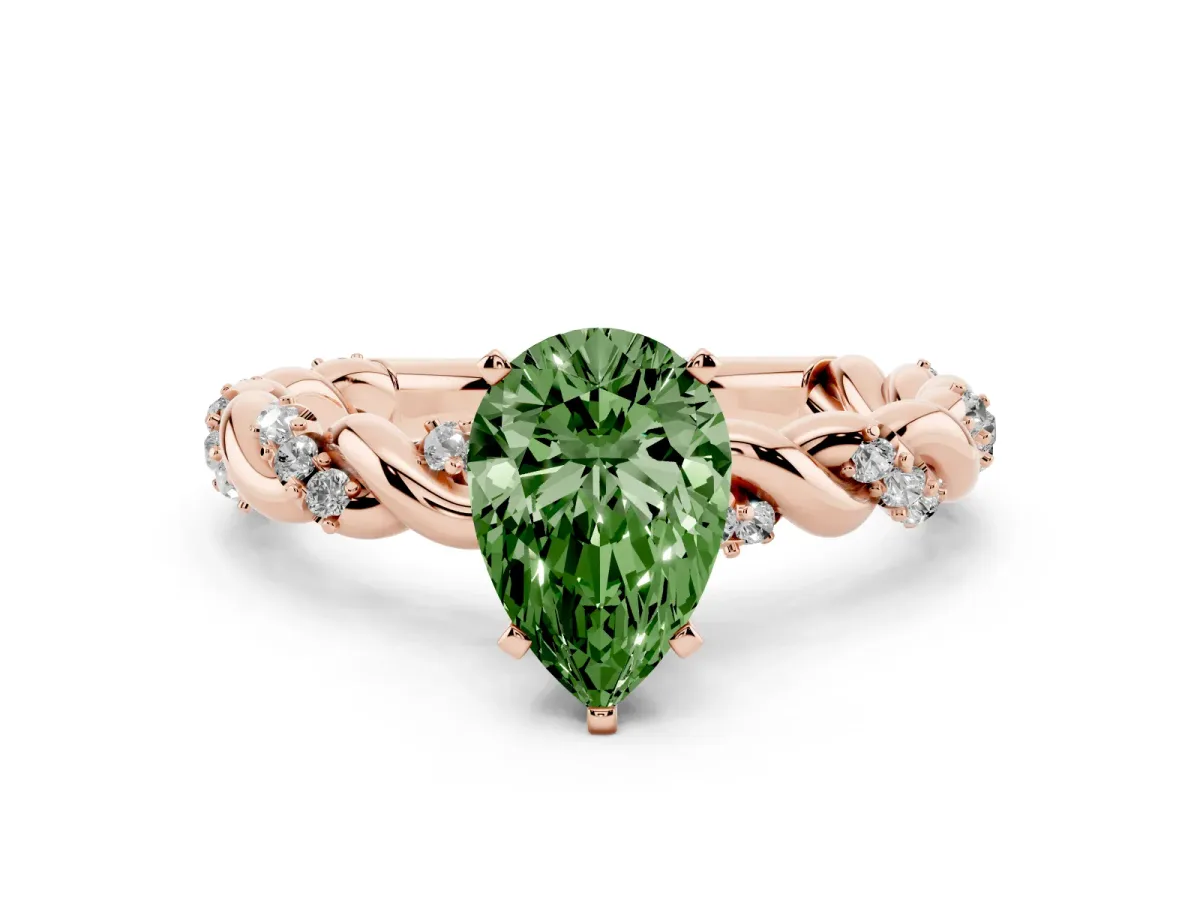 Fancy Green Pear Cut Diamond Solitaire Ring with Twisted Band and Pavé Accents Rose gold